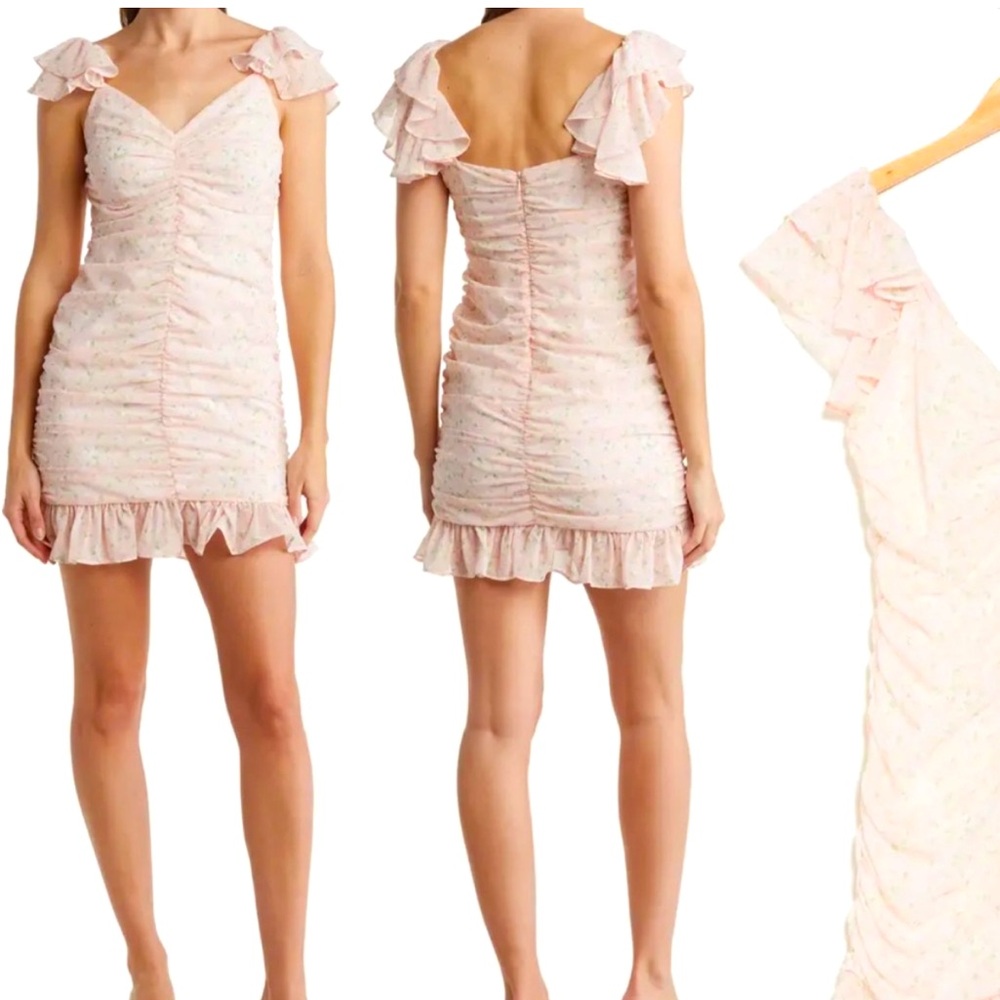 Elodie Pink & Green Floral Ruched Ruffle Mini Dress
